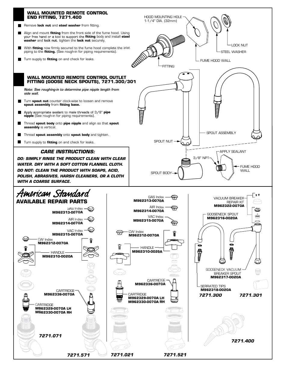 Available repair parts, Care instructions | American Standard 7271.521 User Manual | Page 4 / 4