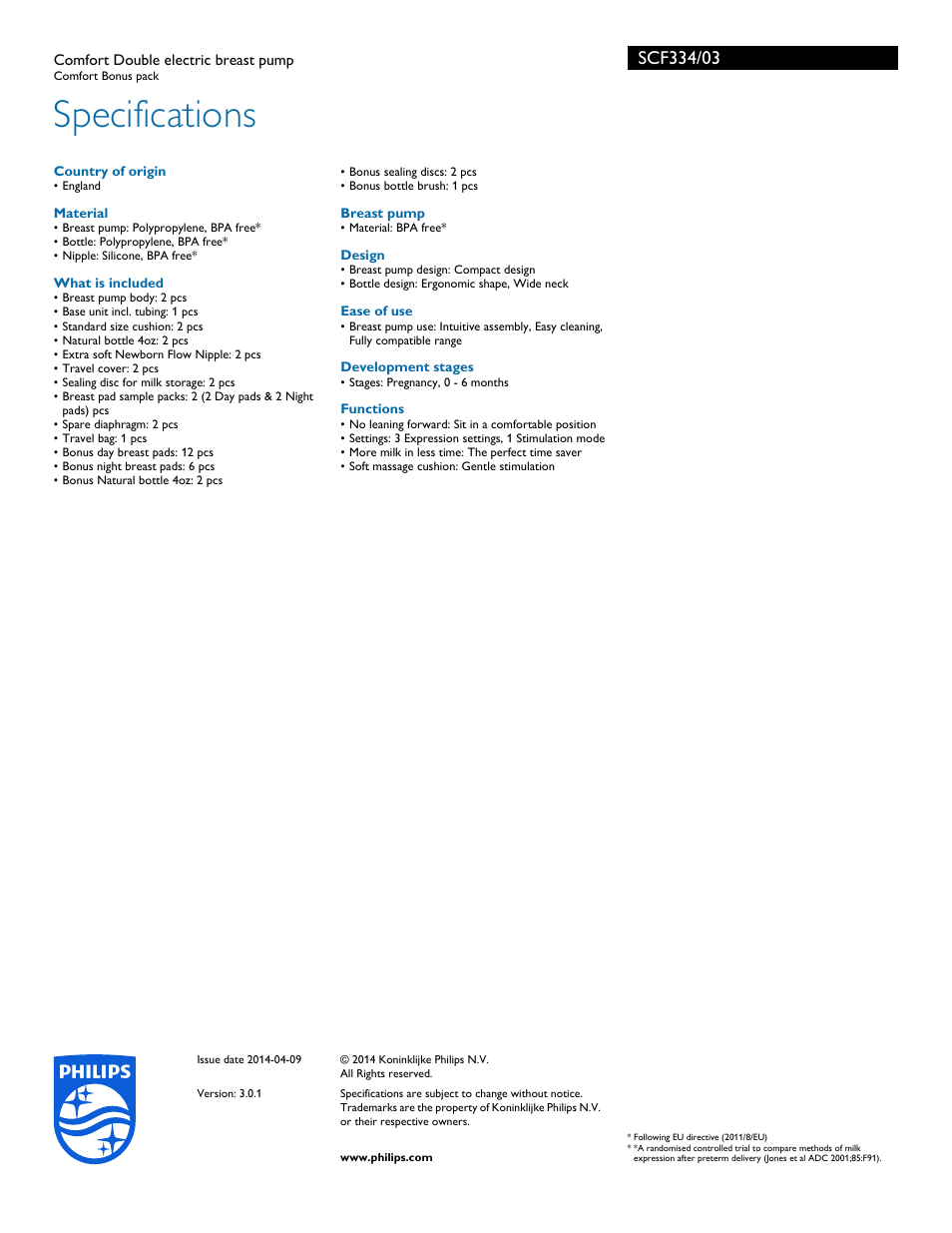 Specifications | Philips SCF334-03 User Manual | Page 3 / 3
