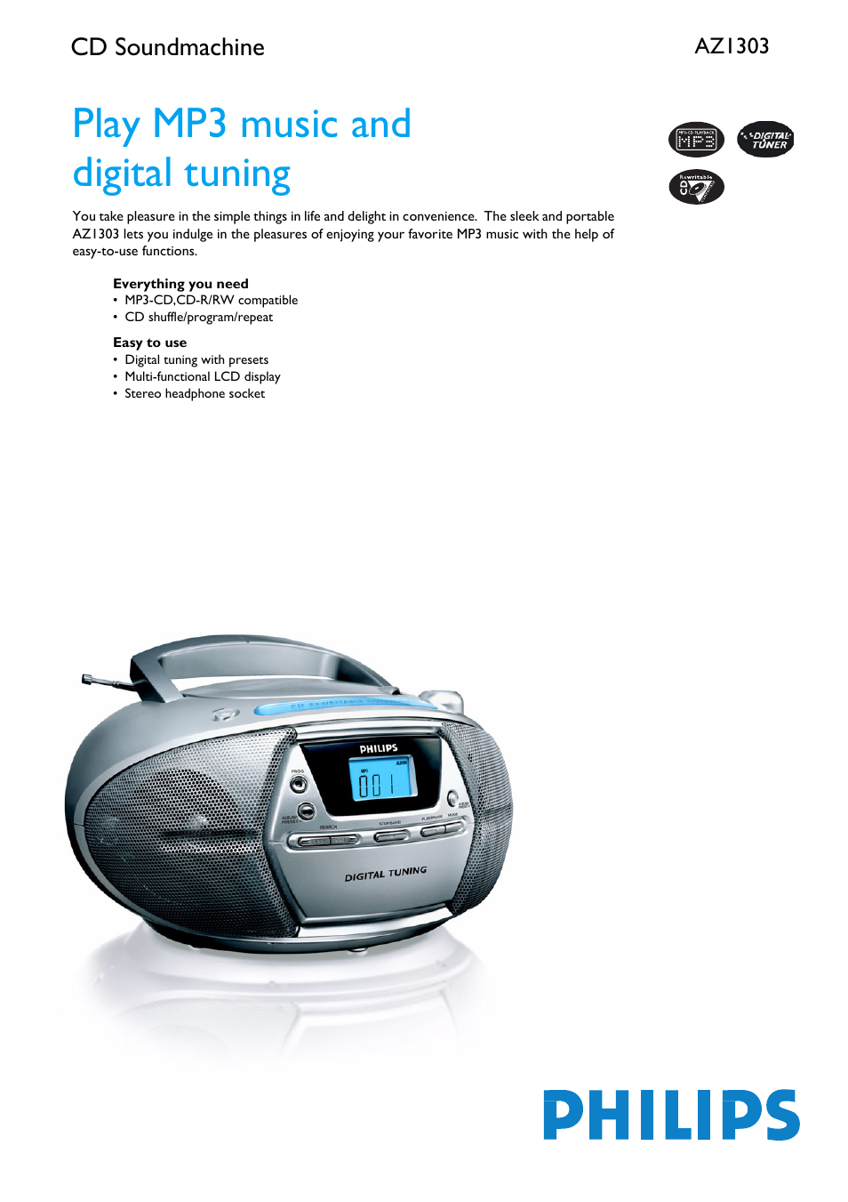 Philips AZ1303-37B User Manual | 2 pages