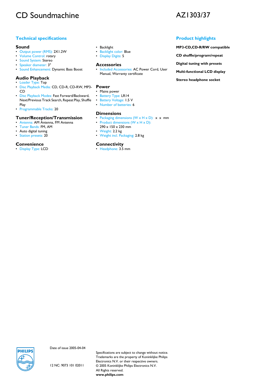 Technical specifications sound, Audio playback, Tuner/reception/transmission | Convenience, Accessories, Power, Dimensions, Connectivity, Cd soundmachine | Philips AZ1303-37B User Manual | Page 2 / 2