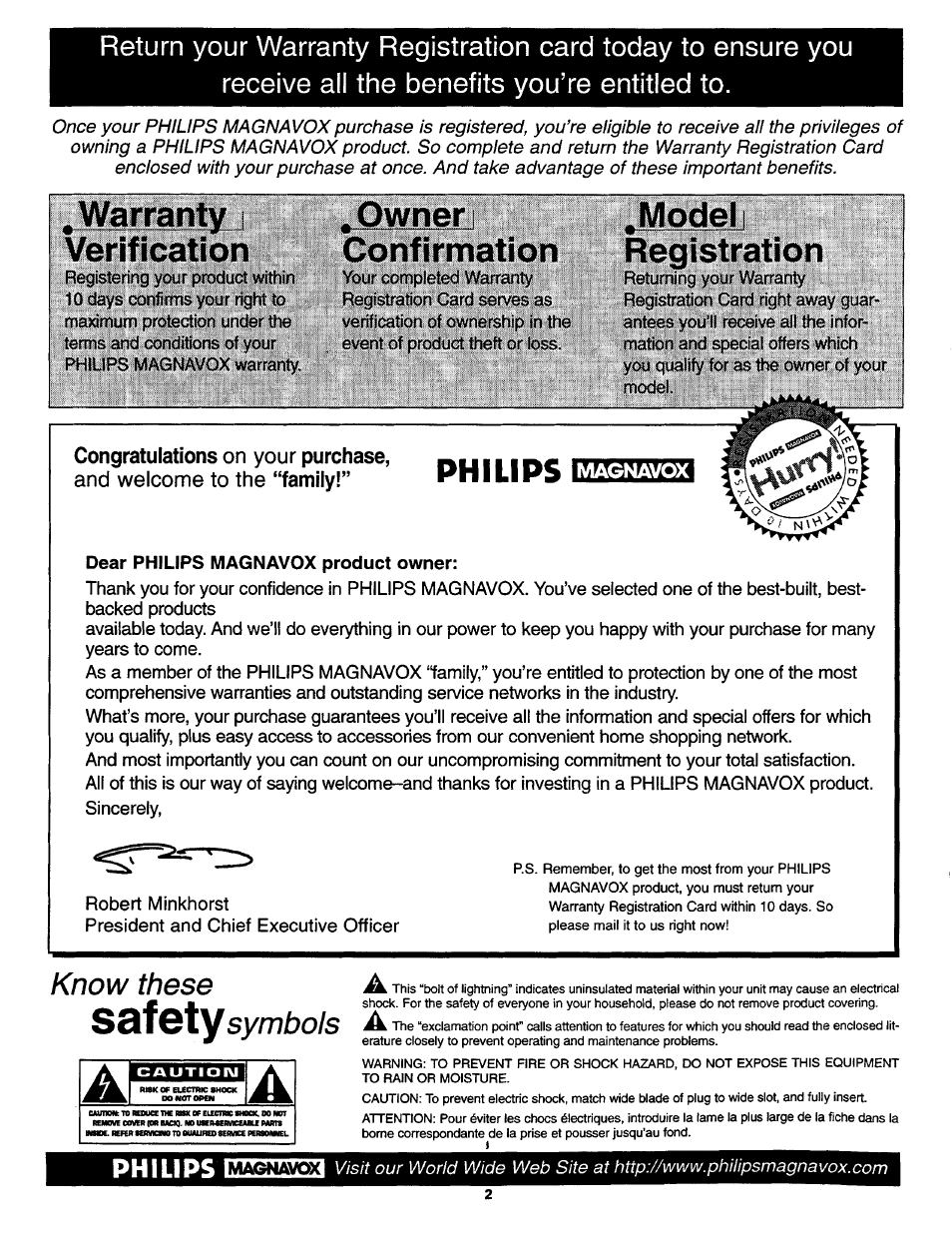 Warranty j verification, Owner,. confirmation, Model registration | Philips, Know these s, F gty symbols | Philips MX3690B User Manual | Page 2 / 48