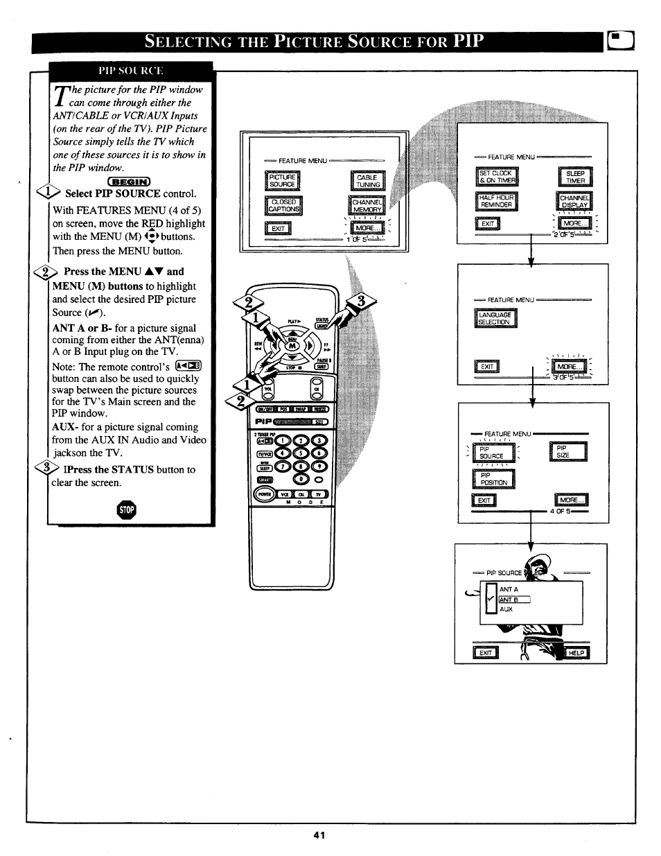 Selecting the picture source eor pip, Selecting the picture source for pip | Philips MX3690B User Manual | Page 41 / 48