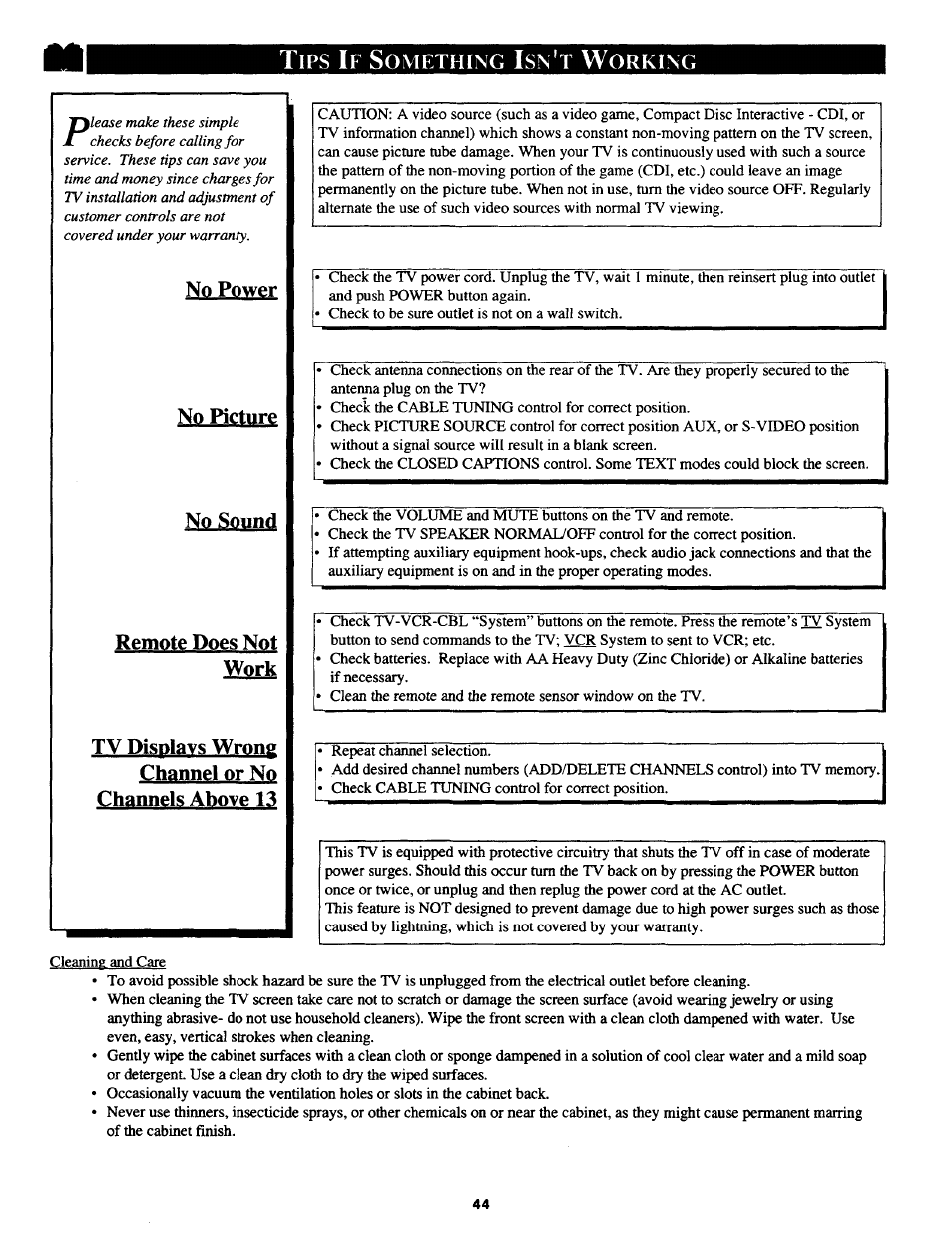 Tips if something isn't working, No power, No picture | No sound, Remote does not work, Tv displays wrong channel or no channels above 13, Tips if something isn’t working | Philips MX3690B User Manual | Page 44 / 48