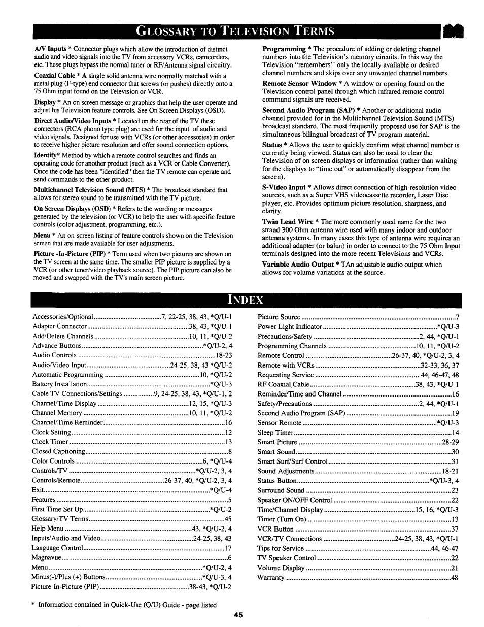 Glossary to television terms, Index, Glossary of tv terms | Lossary, Elevision, Erms, Ndex | Philips MX3690B User Manual | Page 45 / 48