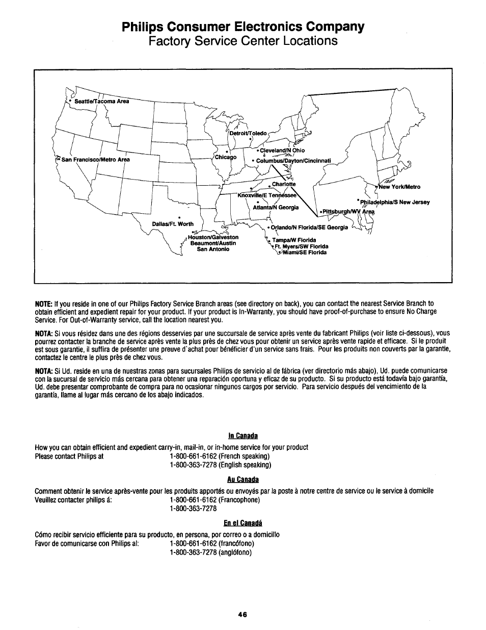 Philips consumer electronics company, Factory service center locations, Factoiy service locations -47 | Philips MX3690B User Manual | Page 46 / 48