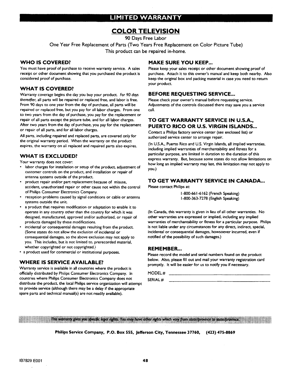 Limited warranty, Who is covered, What is covered | What is excluded, Where is service available, Make sure you keep, Before requesting service, To get warranty service in canada, Remember, Color television | Philips MX3690B User Manual | Page 48 / 48