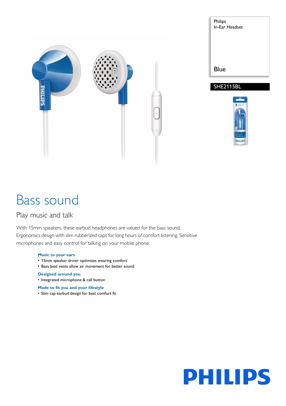 Philips SHE2115BL-00 User Manual | 2 pages