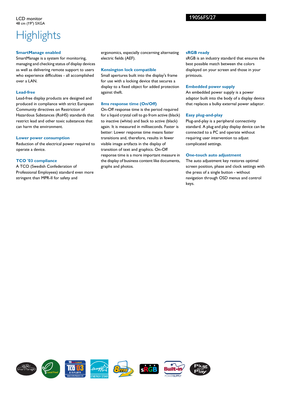 Highlights | Philips 190S6FS-27 User Manual | Page 2 / 3