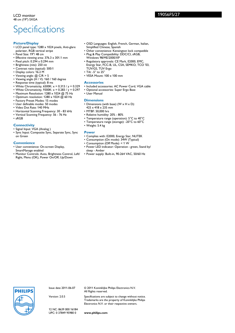 Specifications | Philips 190S6FS-27 User Manual | Page 3 / 3