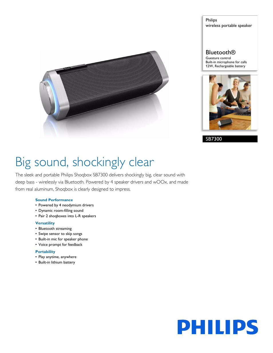 Philips wireless portable speaker SB7300 Bluetooth® Guesture control Built-in microphone for calls 12W Rechargeable battery User Manual | 3 pages