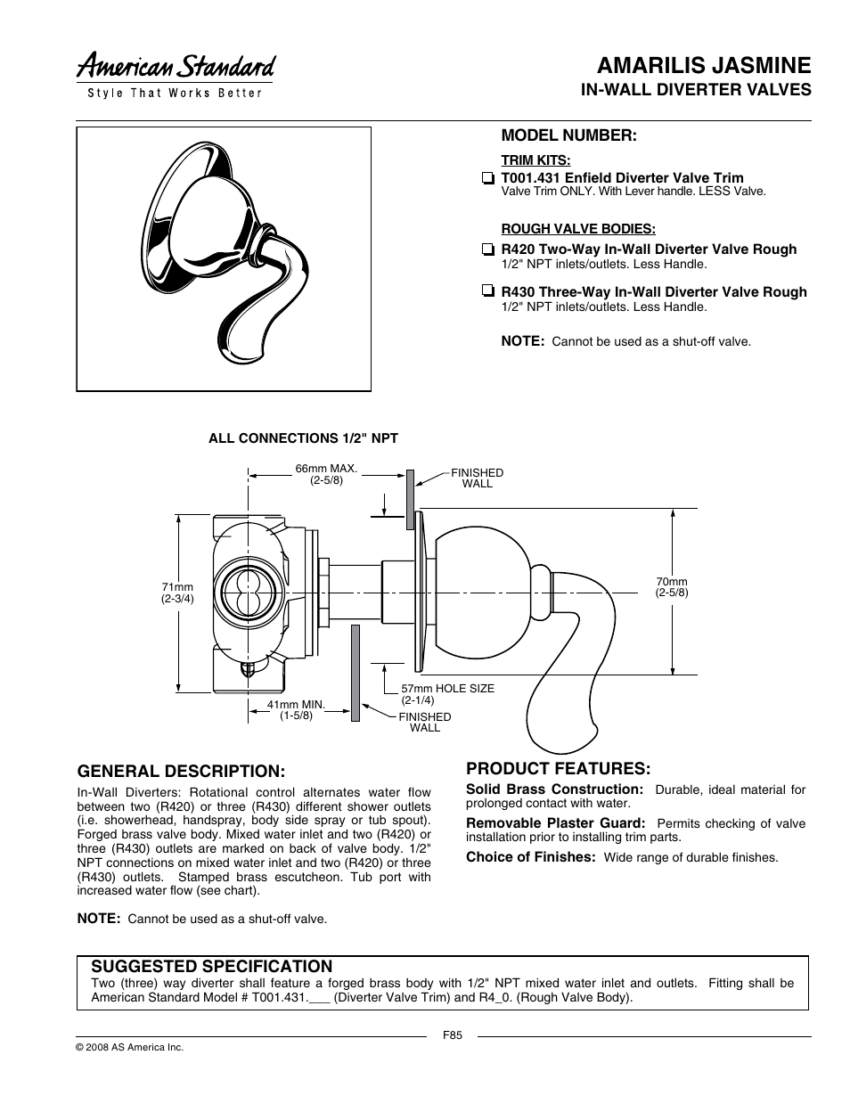 American Standard Two-Way In-Wall Diverter R420 User Manual | 2 pages