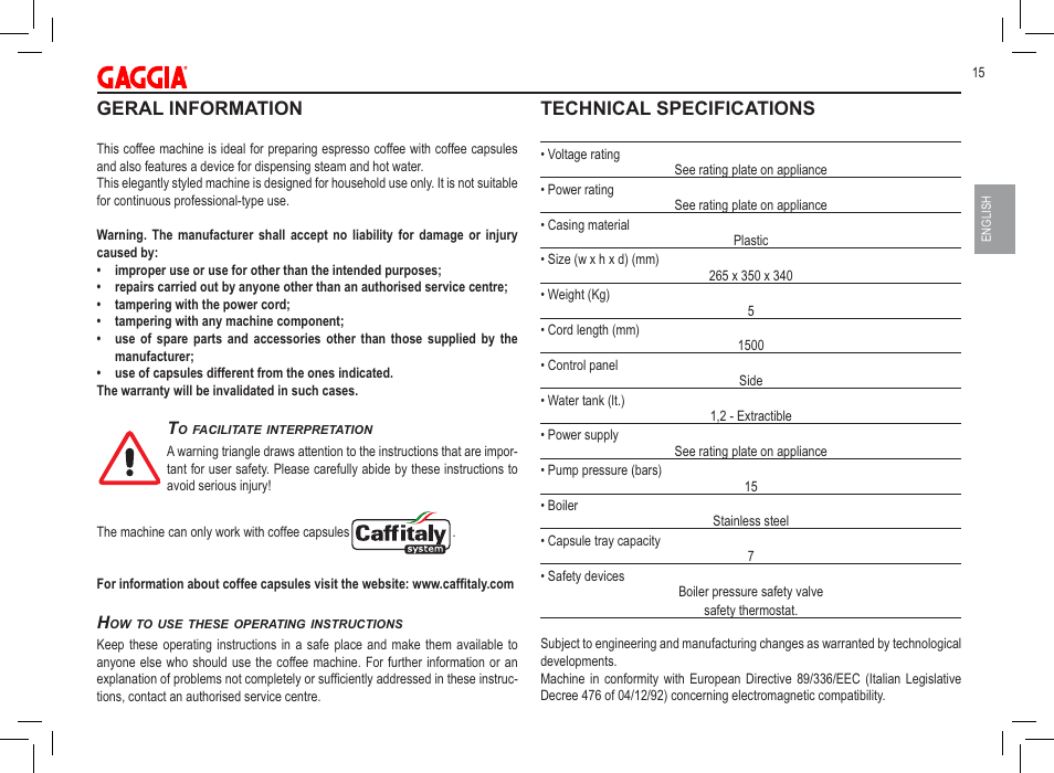 Geral information, Technical specifications | Philips 711902324 User Manual | Page 15 / 88