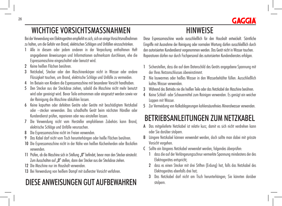 Wichtige vorsichtsmassnahmen, Diese anweisungen gut aufbewahren hinweise, Betriebsanleitungen zum netzkabel | Philips 711902324 User Manual | Page 26 / 88