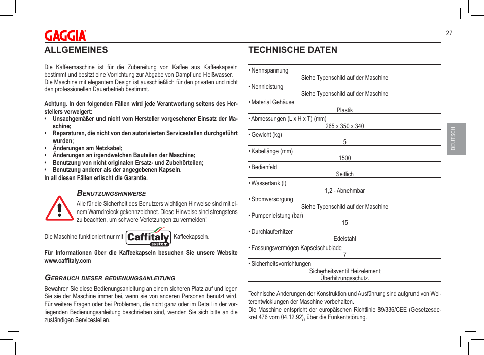 Allgemeines, Technische daten | Philips 711902324 User Manual | Page 27 / 88