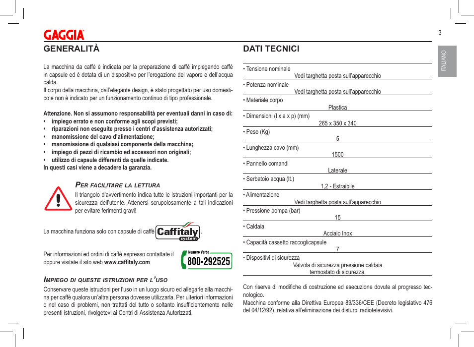 Generalità, Dati tecnici | Philips 711902324 User Manual | Page 3 / 88