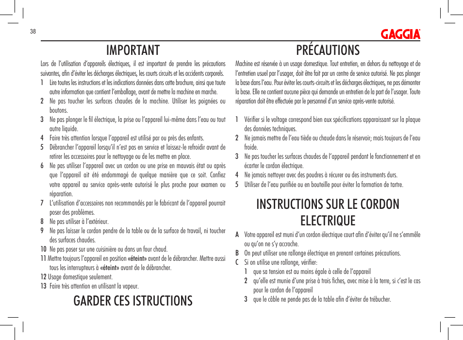 Important, Garder ces istructions précautions, Instructions sur le cordon electrique | Philips 711902324 User Manual | Page 38 / 88