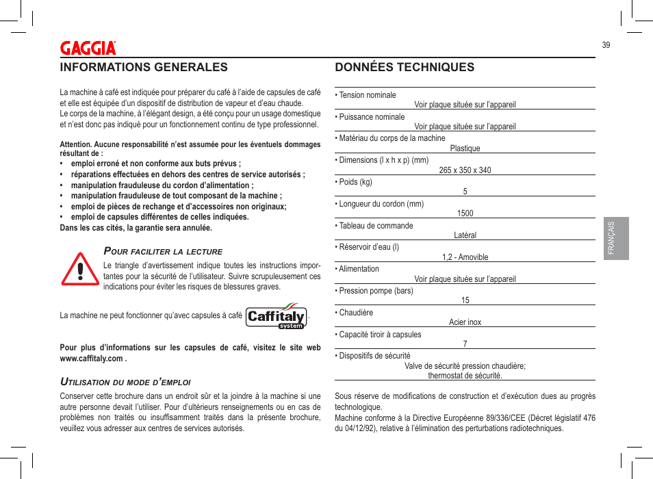 Informations generales, Données techniques | Philips 711902324 User Manual | Page 39 / 88