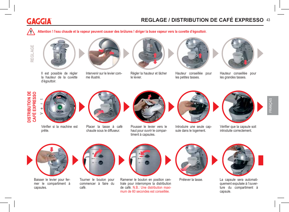 Reglage / distribution de café expresso | Philips 711902324 User Manual | Page 43 / 88