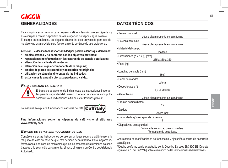 Generalidades, Datos técnicos | Philips 711902324 User Manual | Page 51 / 88