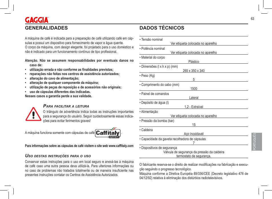 Generalidades, Dados técnicos | Philips 711902324 User Manual | Page 63 / 88