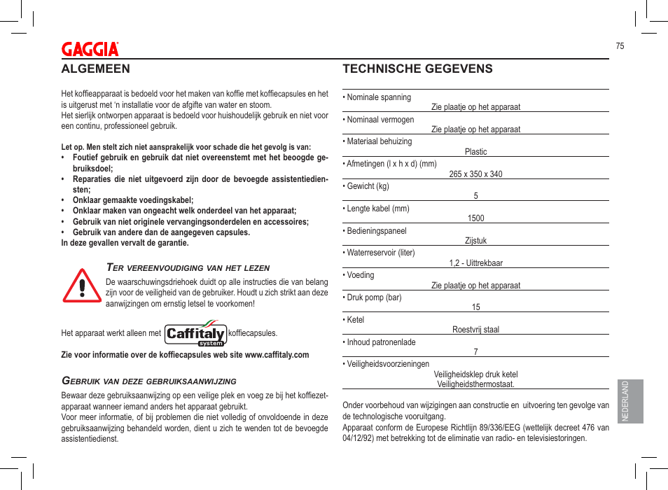 Algemeen, Technische gegevens | Philips 711902324 User Manual | Page 75 / 88