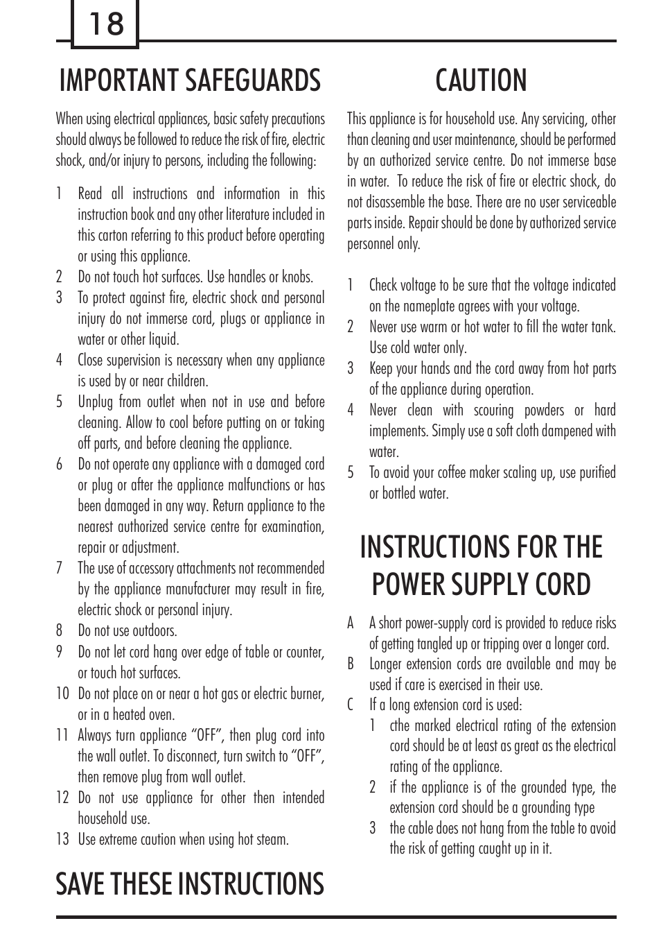 18 important safeguards, Save these instructions caution, Instructions for the power supply cord | Philips 740909008 User Manual | Page 18 / 92