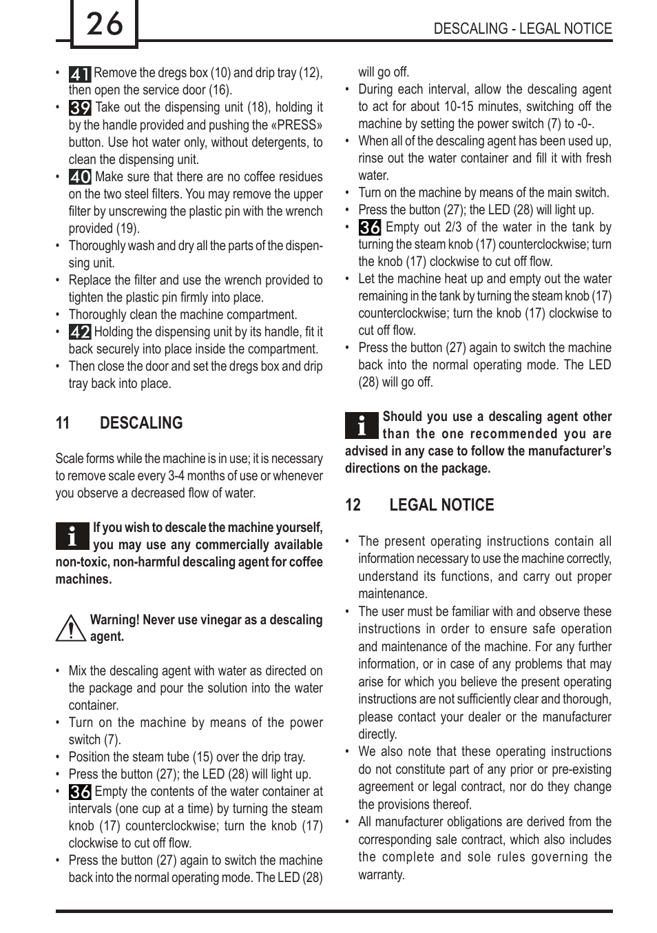 11 descaling, 12 legal notice | Philips 740909008 User Manual | Page 26 / 92