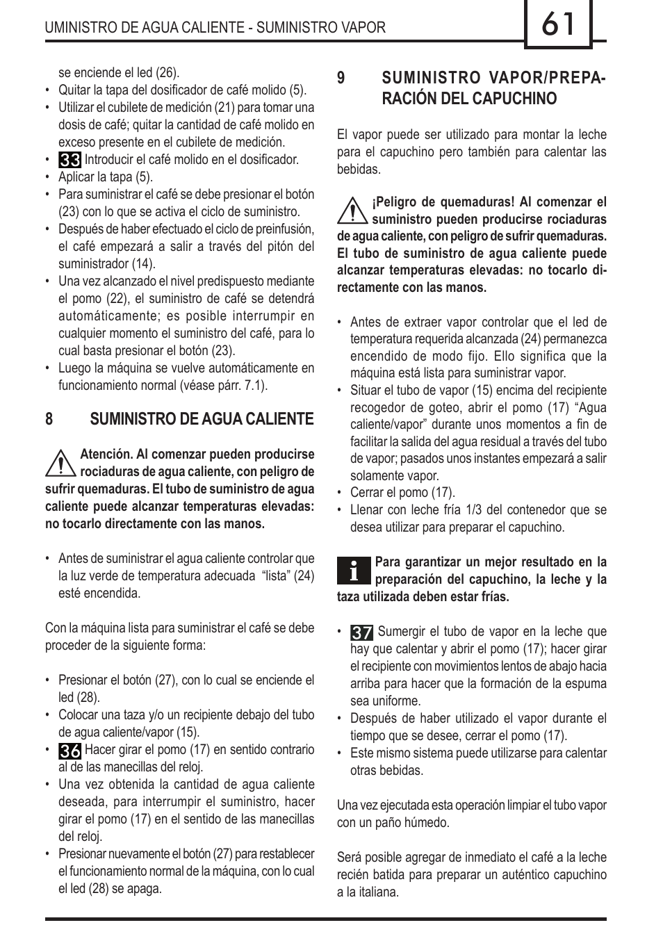 8suministro de agua caliente, 9suministro vapor/prepa- ración del capuchino | Philips 740909008 User Manual | Page 61 / 92