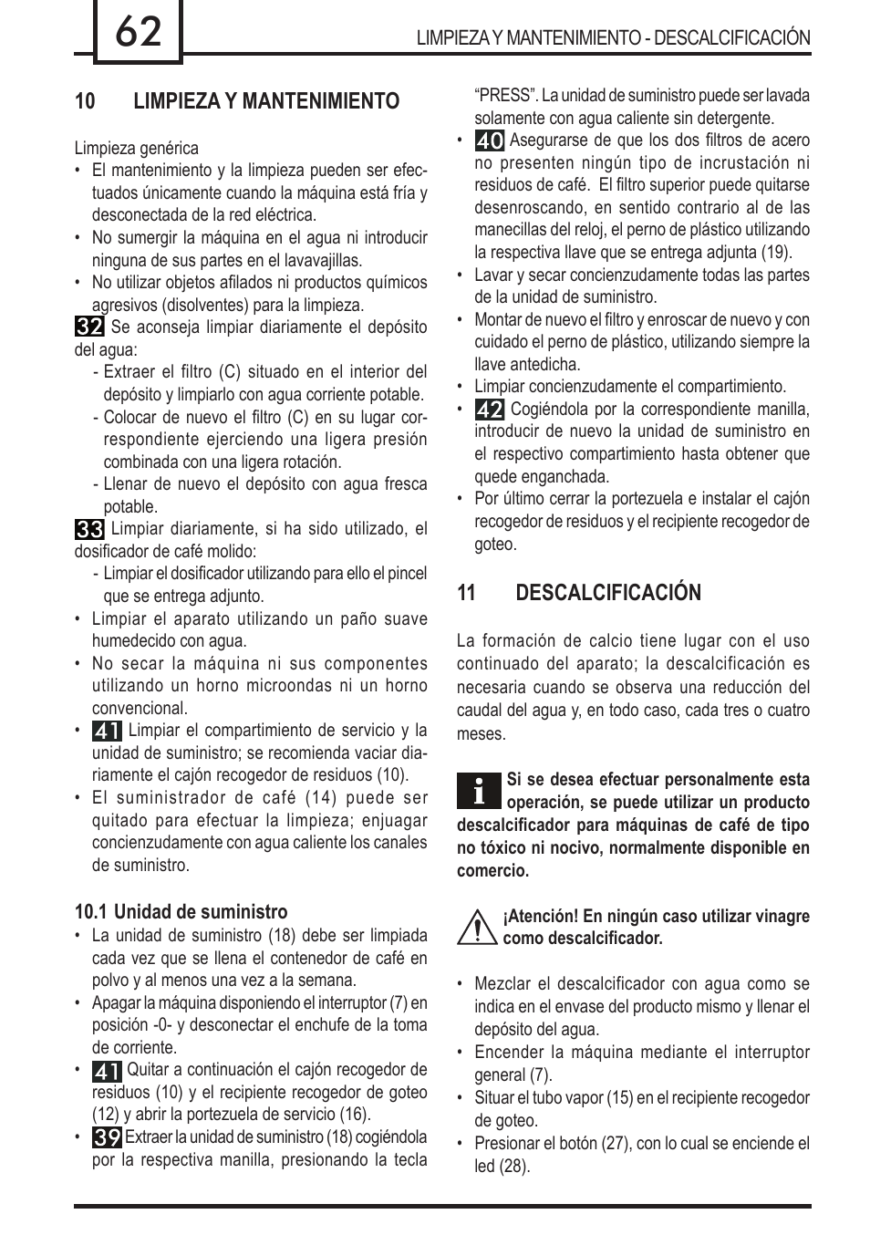 10 limpieza y mantenimiento, 11 descalcificación | Philips 740909008 User Manual | Page 62 / 92