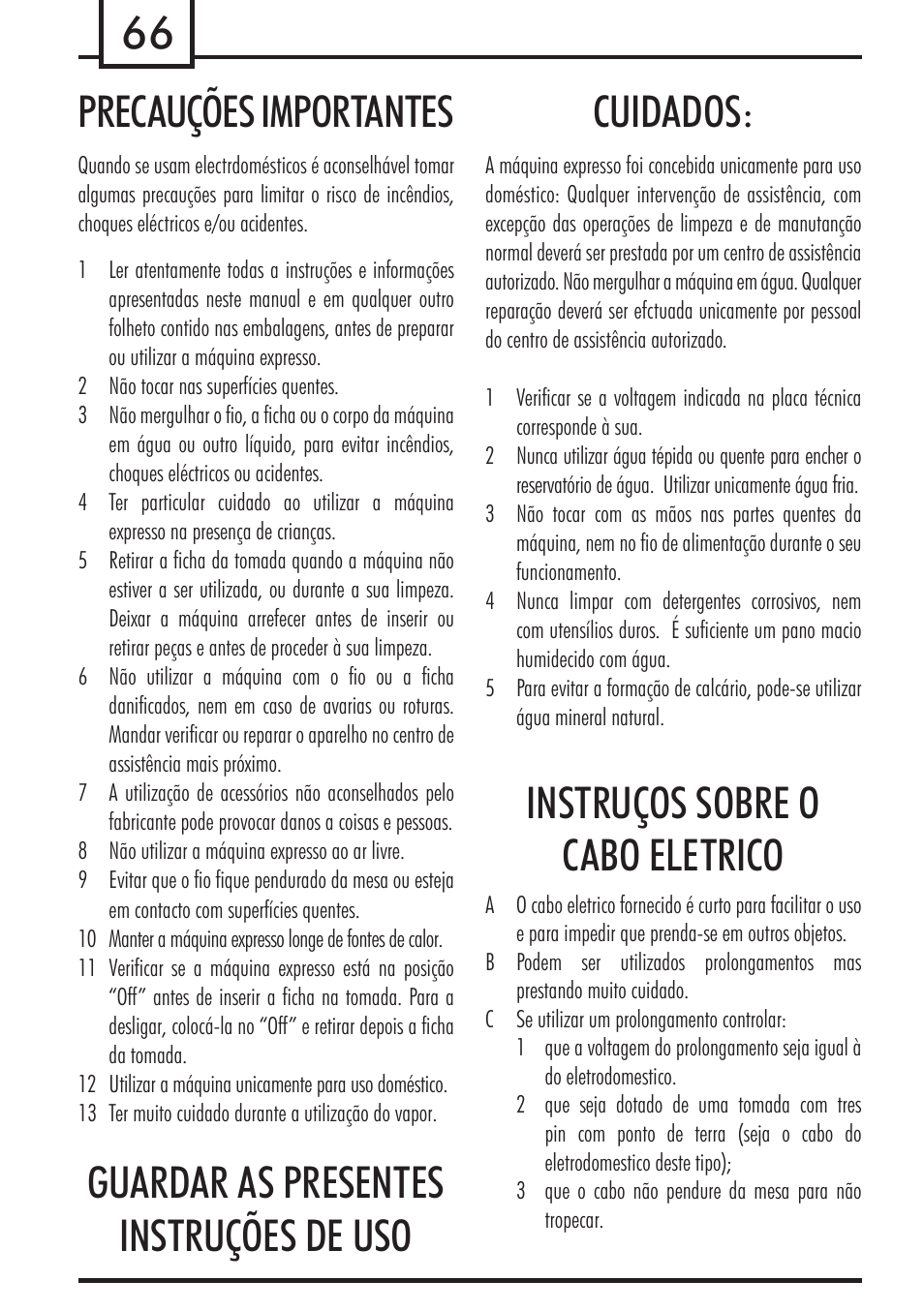 66 precauções importantes, Guardar as presentes instruções de uso cuidados, Instruços sobre o cabo eletrico | Philips 740909008 User Manual | Page 66 / 92