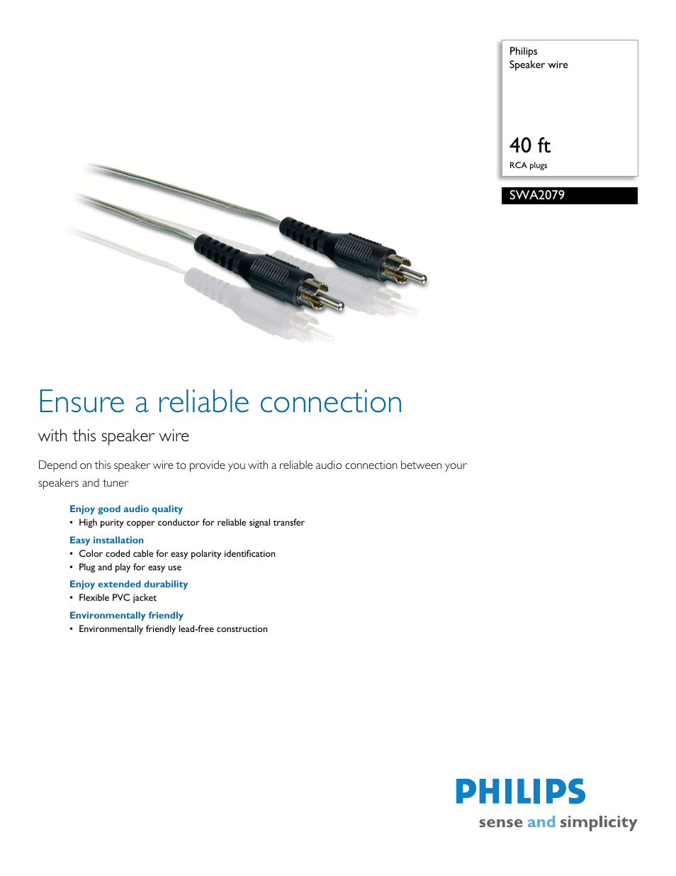 Philips Speaker wire SWA2079 40 ft RCA plugs User Manual | 2 pages