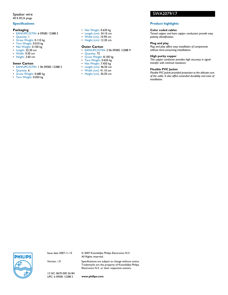 Philips Speaker wire SWA2079 40 ft RCA plugs User Manual | Page 2 / 2