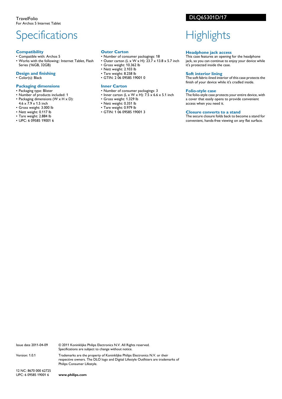 Specifications, Highlights | Philips DLQ65301D-17 User Manual | Page 2 / 2