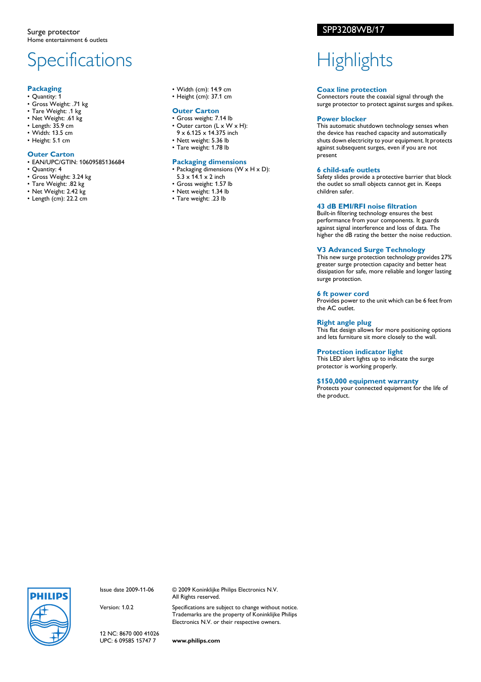 Specifications, Highlights | Philips SPP3208WB-17 User Manual | Page 2 / 2