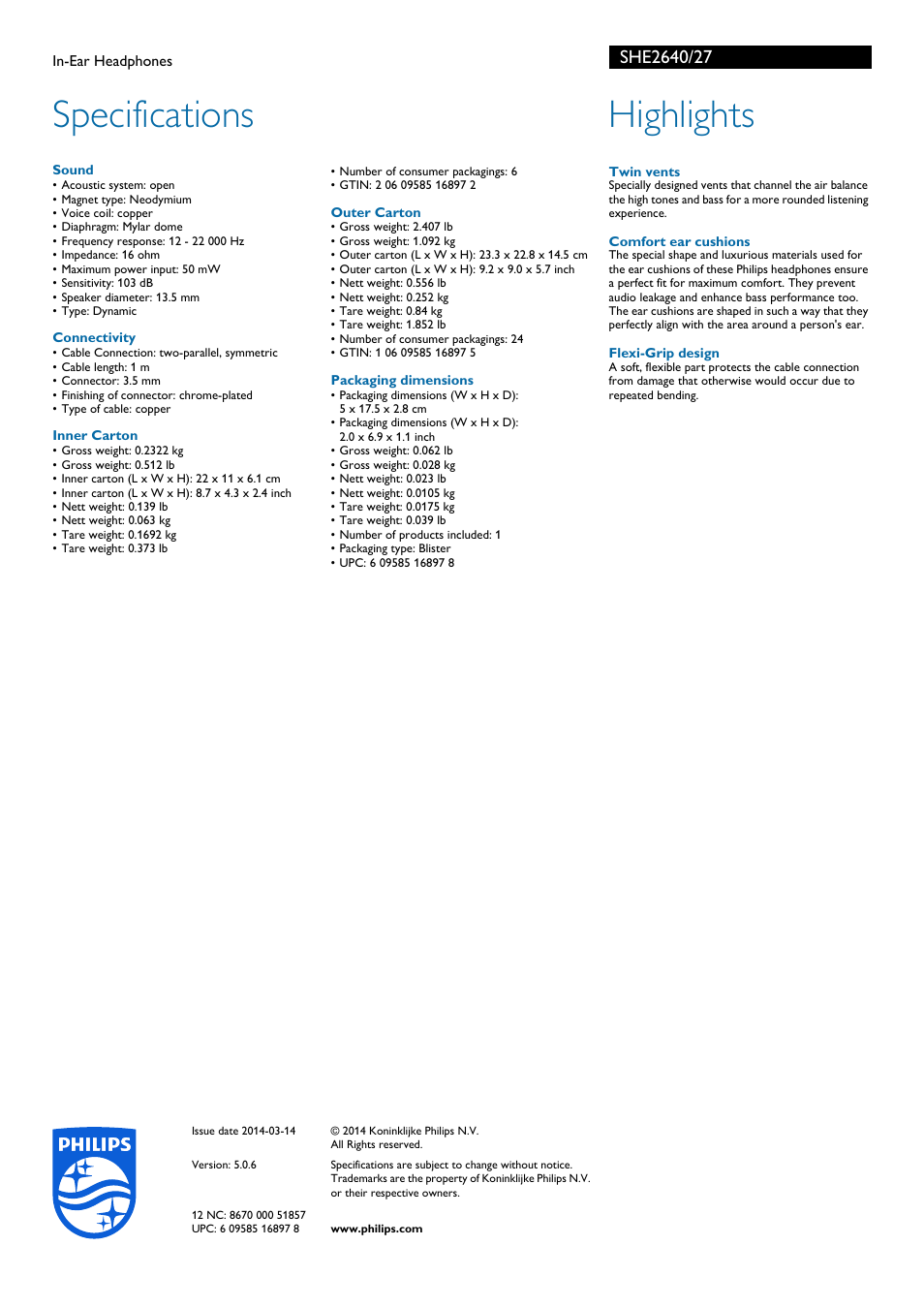 Specifications, Highlights | Philips SHE2640-27 User Manual | Page 2 / 2