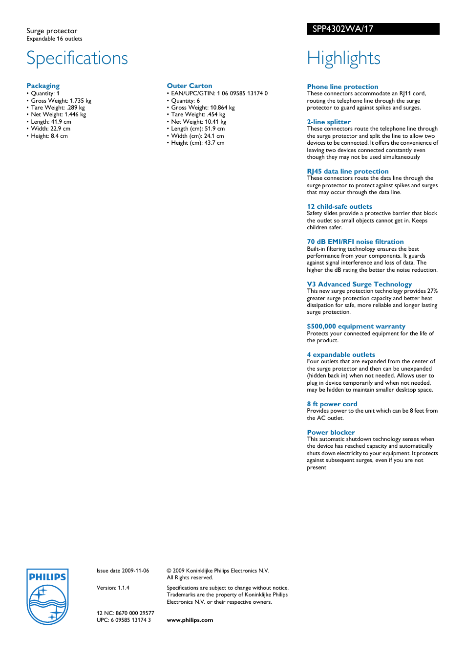 Specifications, Highlights | Philips SPP4302WA-17 User Manual | Page 2 / 2