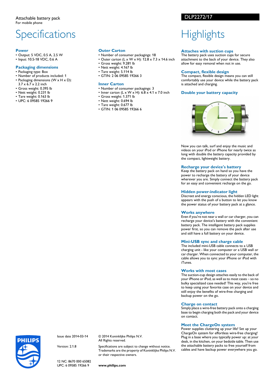 Specifications, Highlights | Philips DLP2272-17 User Manual | Page 2 / 2