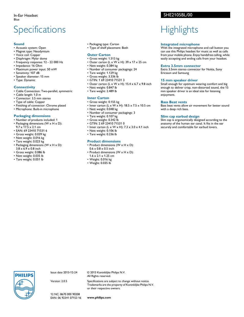 Specifications, Highlights | Philips SHE2105BL-00 User Manual | Page 2 / 2