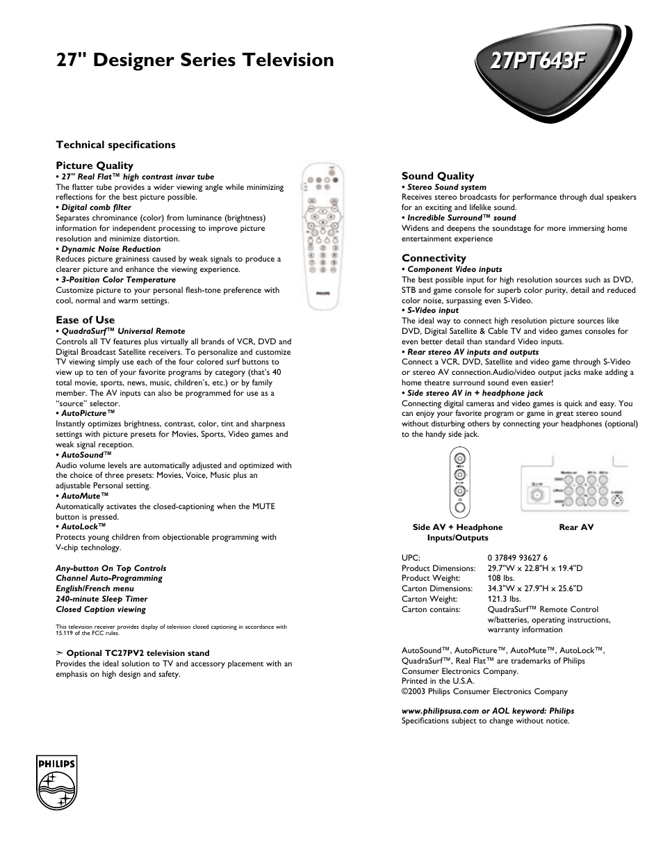 27" designer series television | Philips 27PT643F User Manual | Page 2 / 2