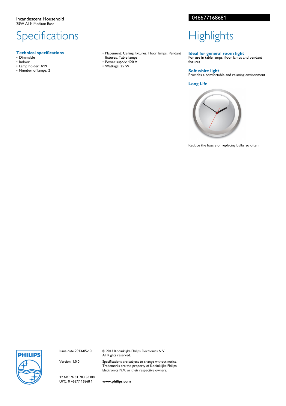 Specifications, Highlights | Philips 046677168681 User Manual | Page 2 / 2