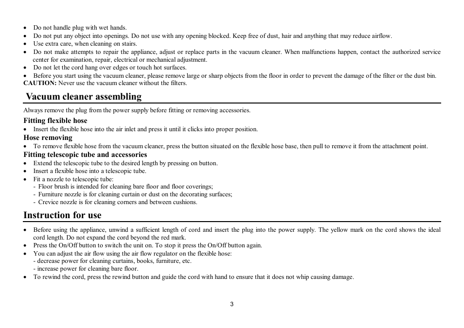 Vacuum cleaner assembling, Instruction for use | Hyundai H-VC1085 User Manual | Page 3 / 9