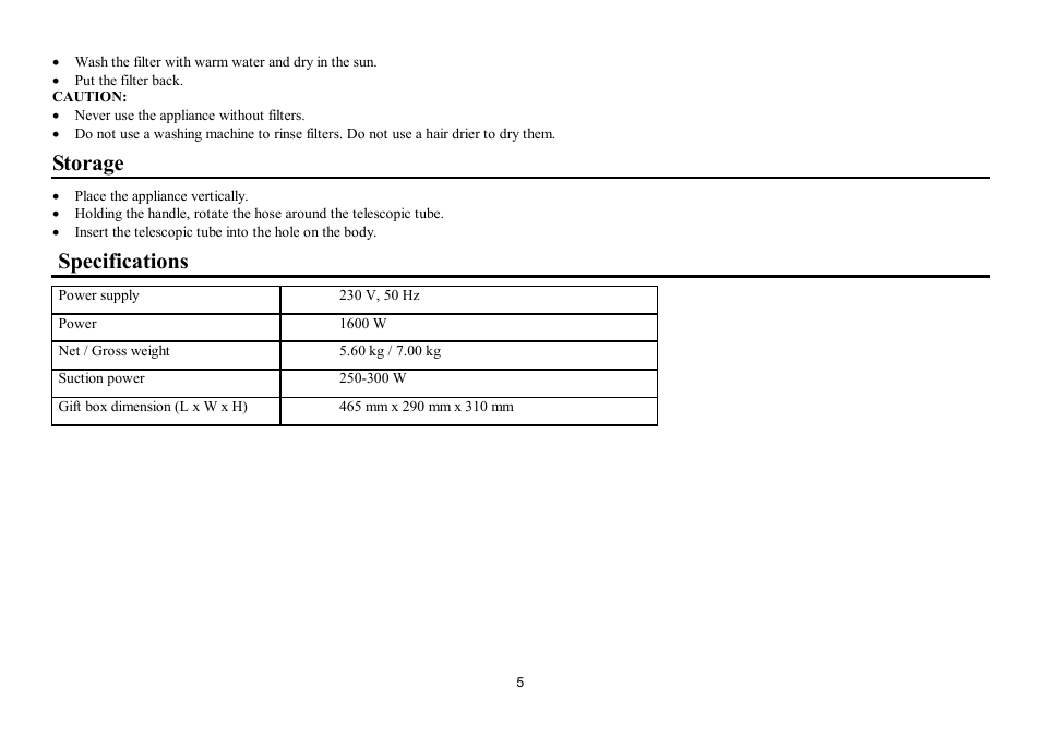 Storage, Specifications | Hyundai H-VC1085 User Manual | Page 5 / 9