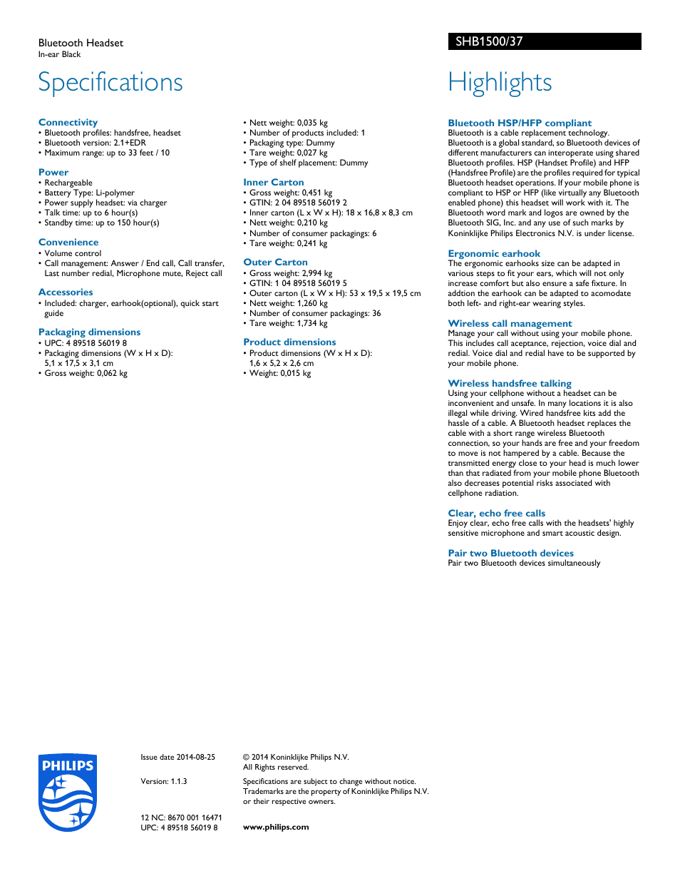 Specifications, Highlights | Philips SHB1500-37 User Manual | Page 2 / 2
