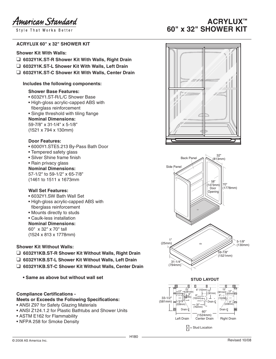 American Standard ACRYLUX 6032Y1K.ST-R User Manual | 1 page