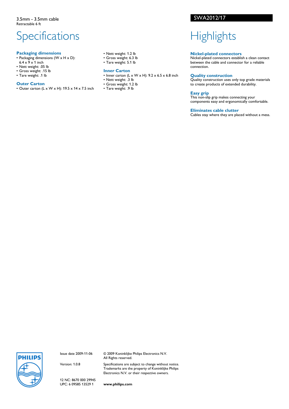 Specifications, Highlights | Philips SWA2012-17 User Manual | Page 2 / 2