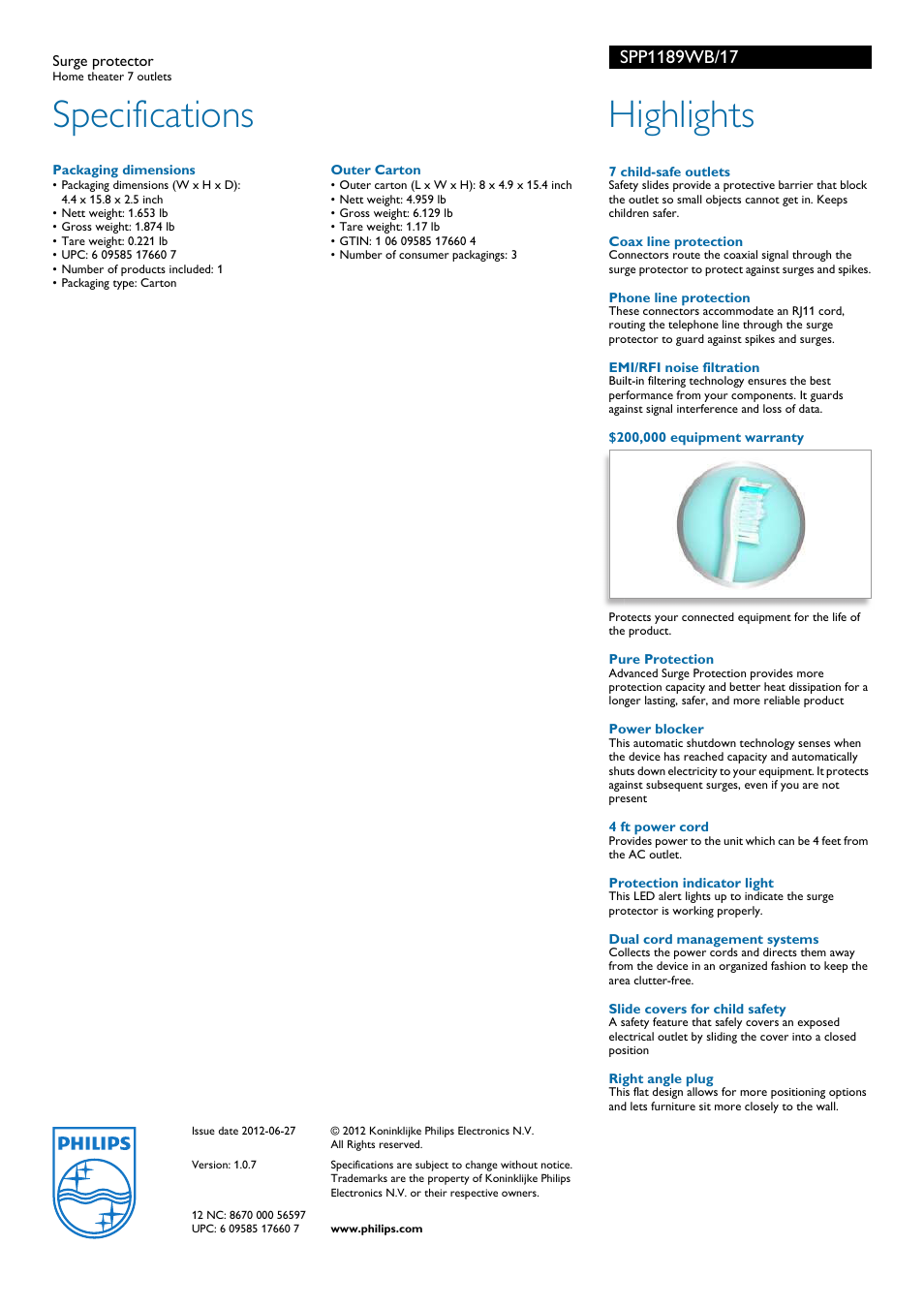 Specifications, Highlights | Philips SPP1189WB-17 User Manual | Page 2 / 2