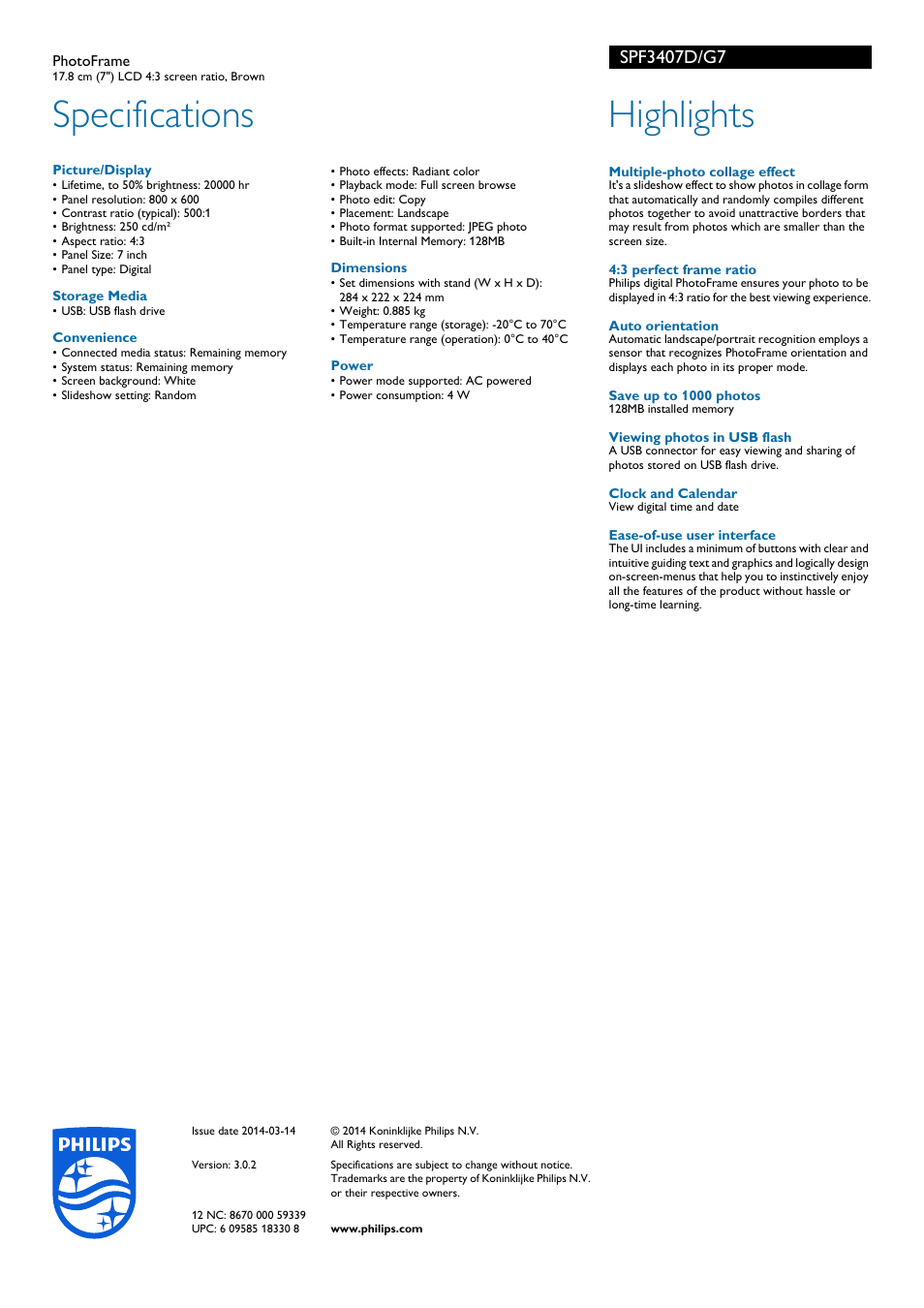 Specifications, Highlights | Philips PhotoFrame SPF3407D 17.8 cm 7" LCD 43 screen ratio Brown User Manual | Page 2 / 2