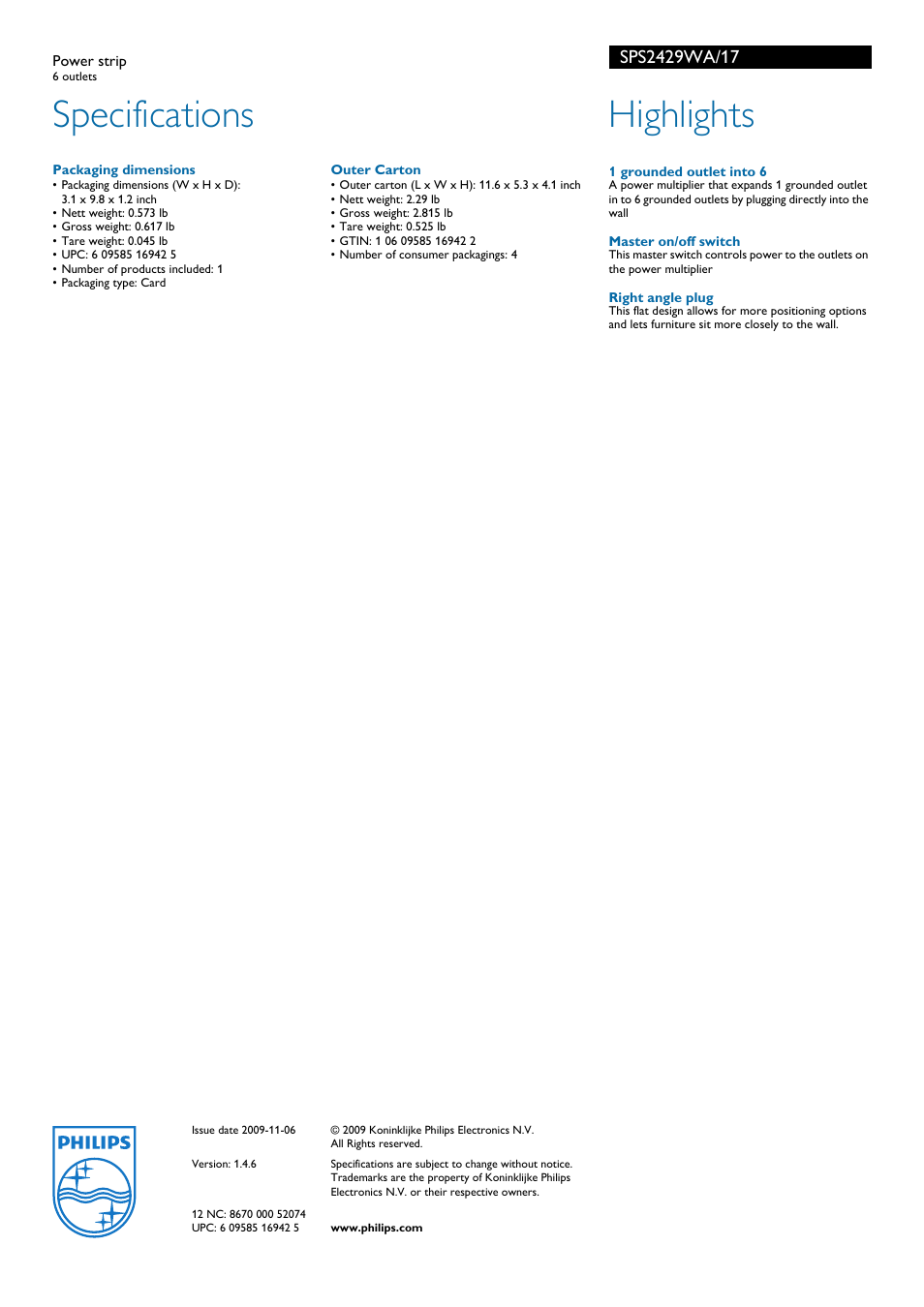 Specifications, Highlights | Philips SPS2429WA-17 User Manual | Page 2 / 2