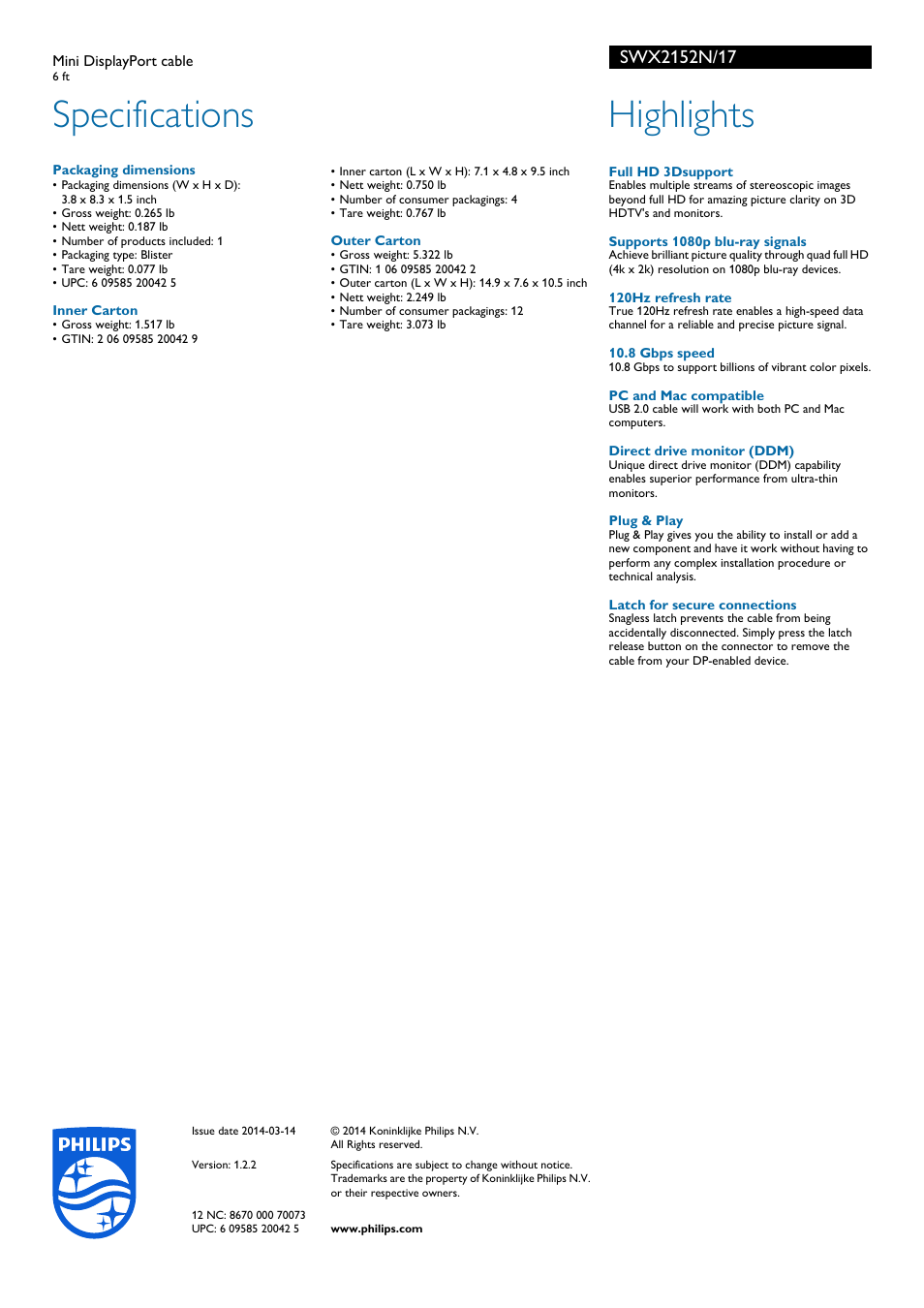 Specifications, Highlights | Philips SWX2152N-17 User Manual | Page 2 / 2