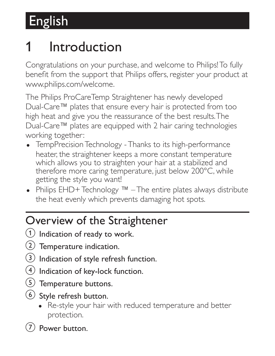 English 1 introduction, Overview of the straightener | Philips Straightener HP8339-00 ProCare User Manual | Page 3 / 10